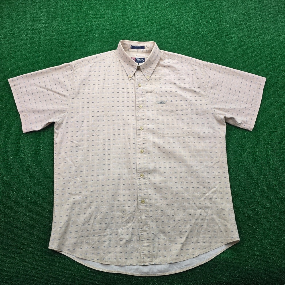 Chaps Ralph Lauren Shirt Mens Large/XL Beige Dragonfly Print Vintage Button Up